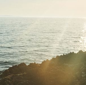 View of the sea behind an isle covered in green forest