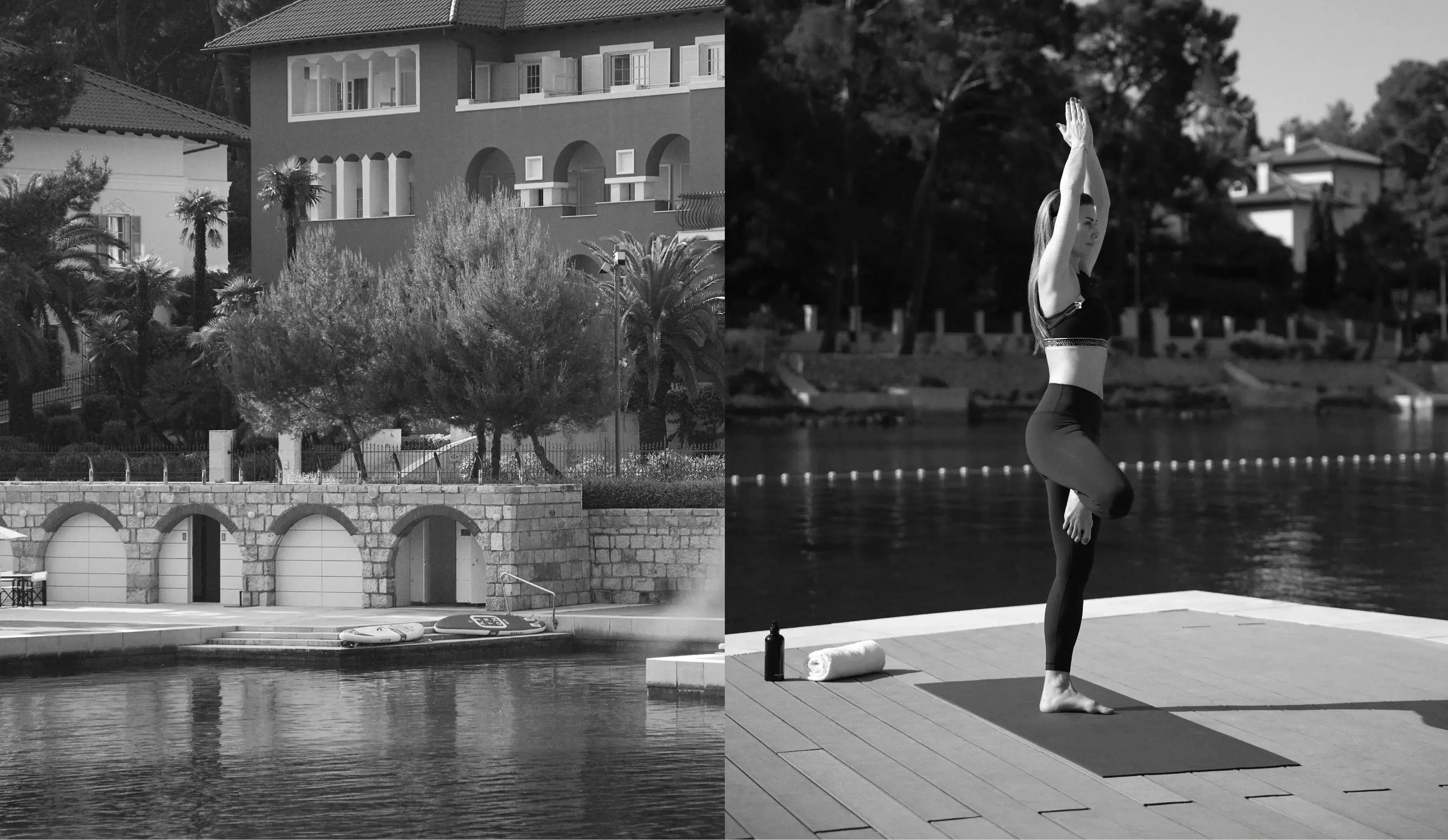 A black and white split composition; on the left is a waterfront property with trees, and on the right, a person is practicing yoga beside a pool
