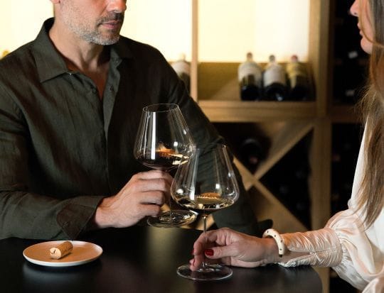 Two people enjoying a wine tasting experience with elegant stemware and a cozy ambiance