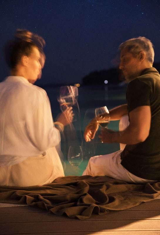 Two people enjoying glasses of wine under a starry sky, in a blurred, dreamy setting